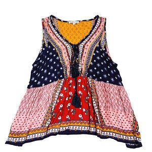 Patrons of Peace Boho Faux Patchwork Sleeveless Swing Top Tassels Sharkbite M